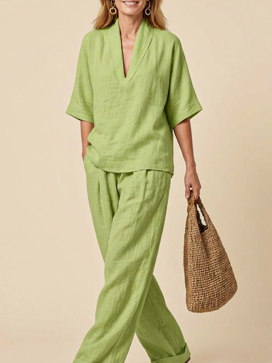 Ensemble Femme Deux Pièces en Lin – Style Décontracté Confortable Été Minimaliste