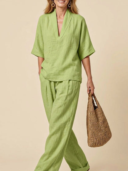 Ensemble Femme Deux Pièces en Lin – Style Décontracté Confortable Été Minimaliste