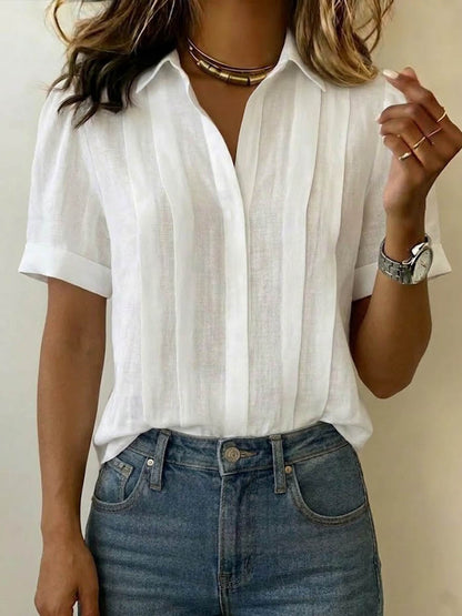 Chemise femme en coton et lin à manches courtes – Coupe ample plissée chic