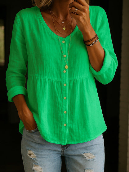 Chemise en mélange de lin et de coton pour femmes – Blouse décontractée ample à manches 3/4 et col rond