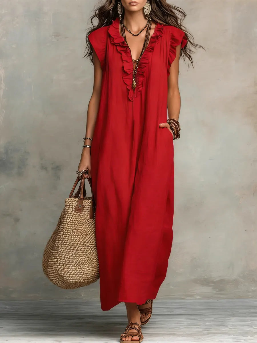 Robe femme unie à volants – Style artistique décontracté en coton et lin