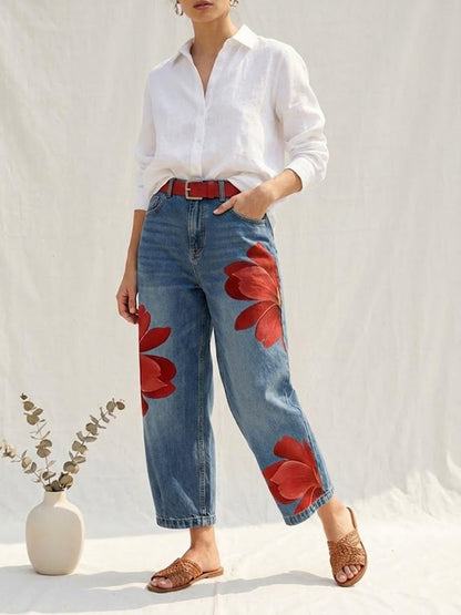 Jean femme jambe large a fleurs - Original et decontracte