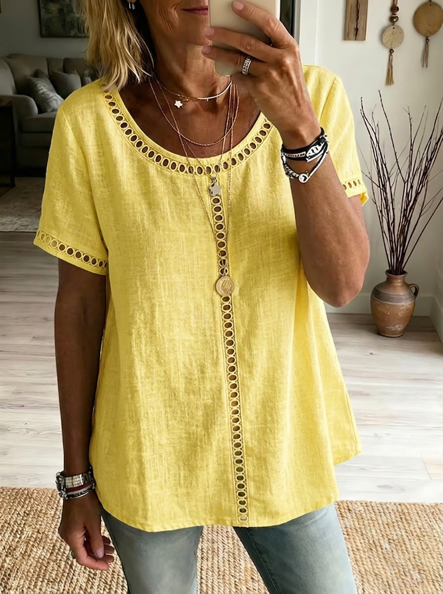 Haut femme patchwork en coton et lin – Maille ajourée décontractée chic