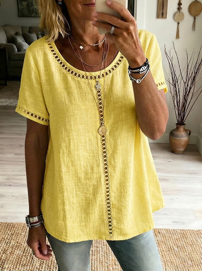 Haut femme patchwork en coton et lin – Maille ajourée décontractée chic