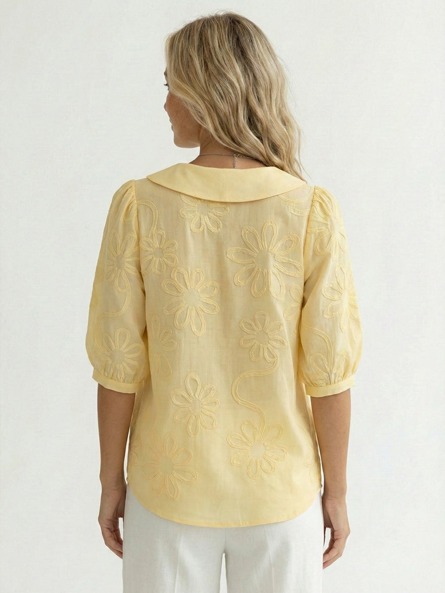 Chemise Femme Vintage Col Claudine – Broderie Florale Style Décontracté Élégant