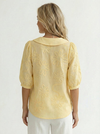 Chemise Femme Vintage Col Claudine – Broderie Florale Style Décontracté Élégant