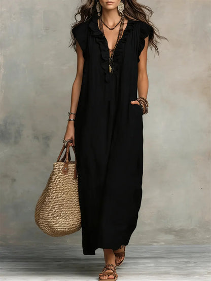 Robe femme unie à volants – Style artistique décontracté en coton et lin