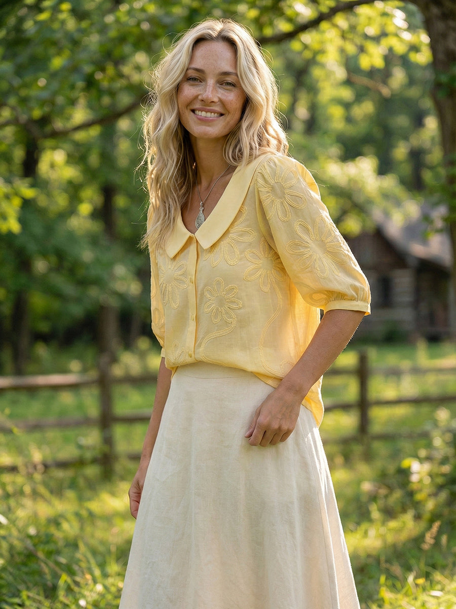 Chemise Femme Vintage Col Claudine – Broderie Florale Style Décontracté Élégant