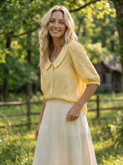Chemise Femme Vintage Col Claudine – Broderie Florale Style Décontracté Élégant