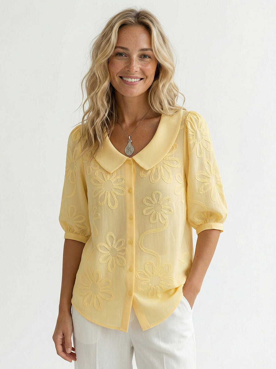 Chemise Femme Vintage Col Claudine – Broderie Florale Style Décontracté Élégant