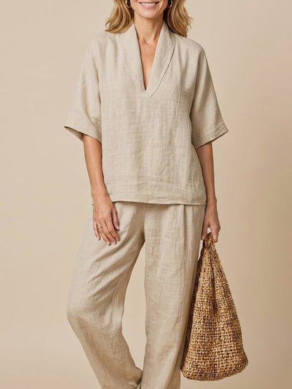 Ensemble Femme Deux Pièces en Lin – Style Décontracté Confortable Été Minimaliste