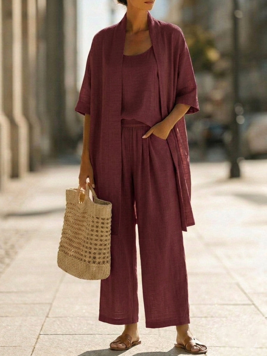 Ensemble trois pièces minimaliste en lin et coton – tenue confortable au quotidien