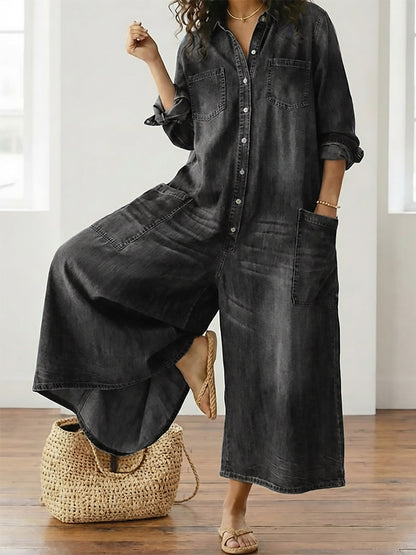 Combinaison Femme en Denim Foncé Délavé – Style Utility Décontracté à Boutons