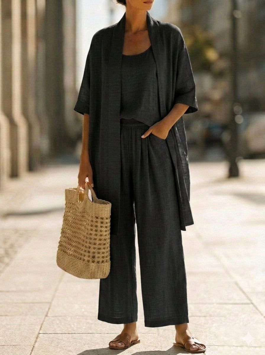 Ensemble trois pièces minimaliste en lin et coton – tenue confortable au quotidien