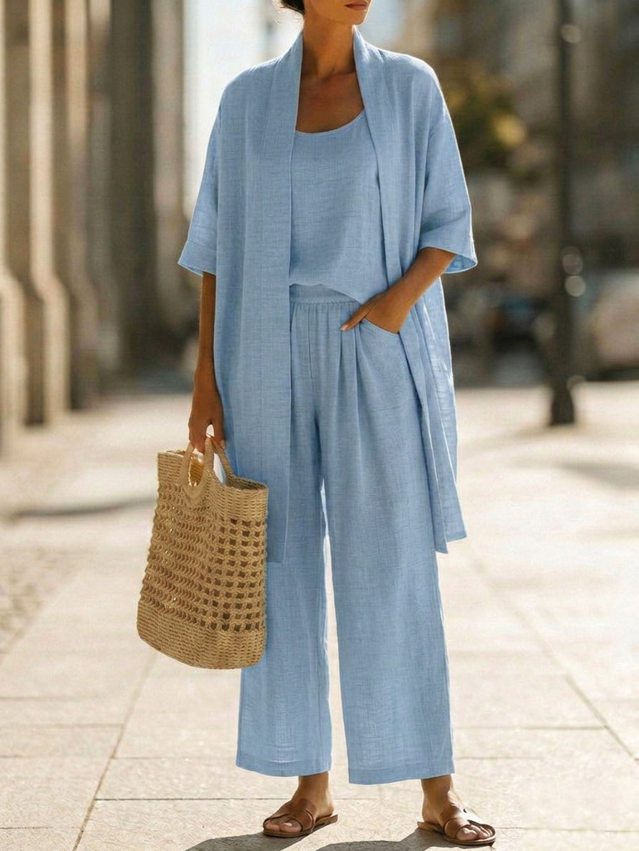 Ensemble trois pièces minimaliste en lin et coton – tenue confortable au quotidien