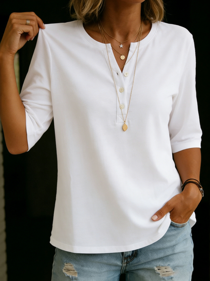 T-shirt Col Henley 100% Coton pour Femme – Haut Décontracté Manches Courtes