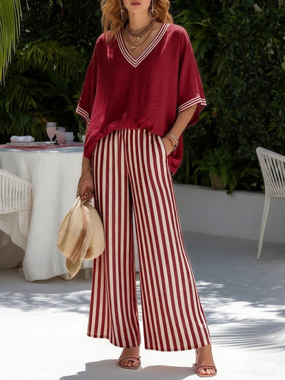 Ensemble femme rayé en coton et lin – Haut patchwork et pantalon assorti