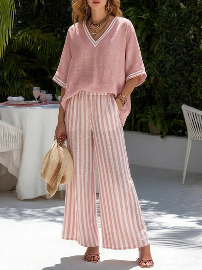 Ensemble femme rayé en coton et lin – Haut patchwork et pantalon assorti