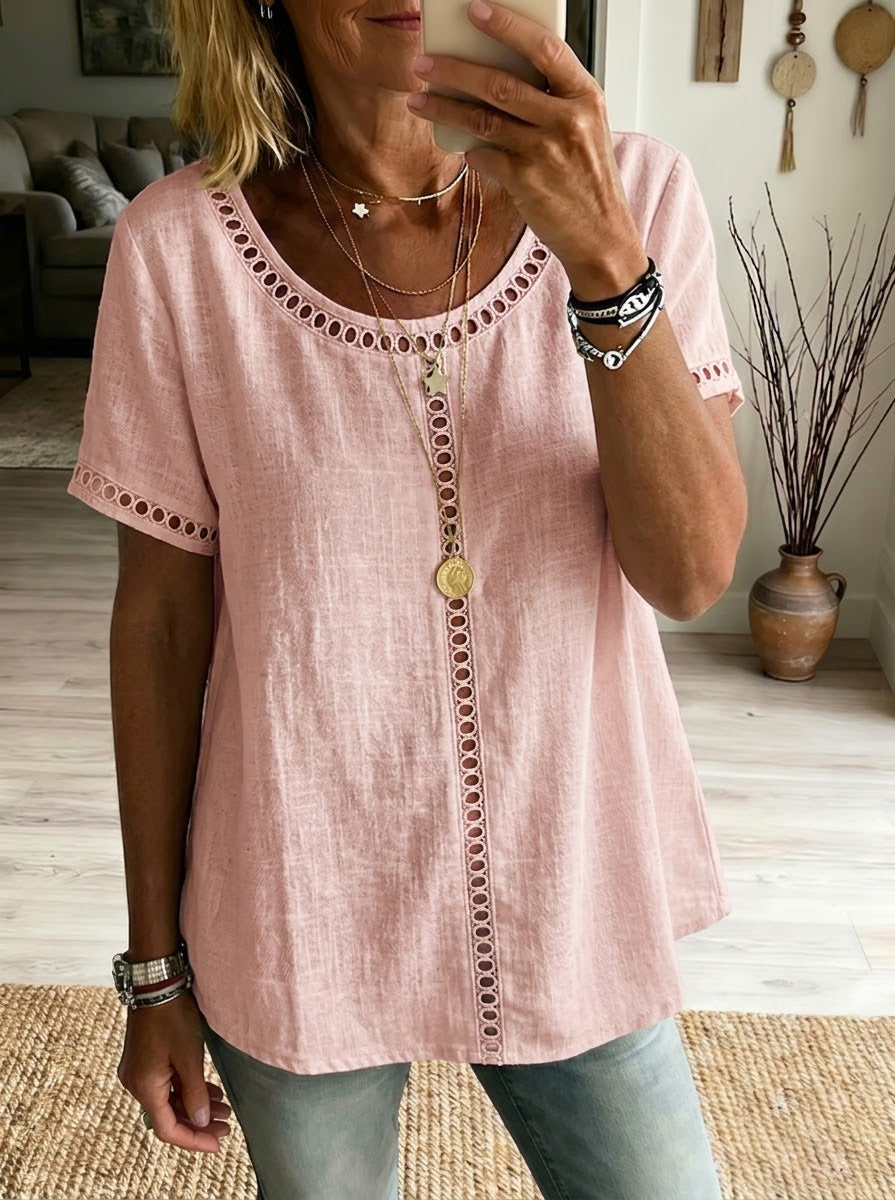 Haut femme patchwork en coton et lin – Maille ajourée décontractée chic