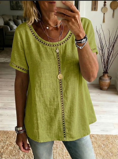 Haut femme patchwork en coton et lin – Maille ajourée décontractée chic