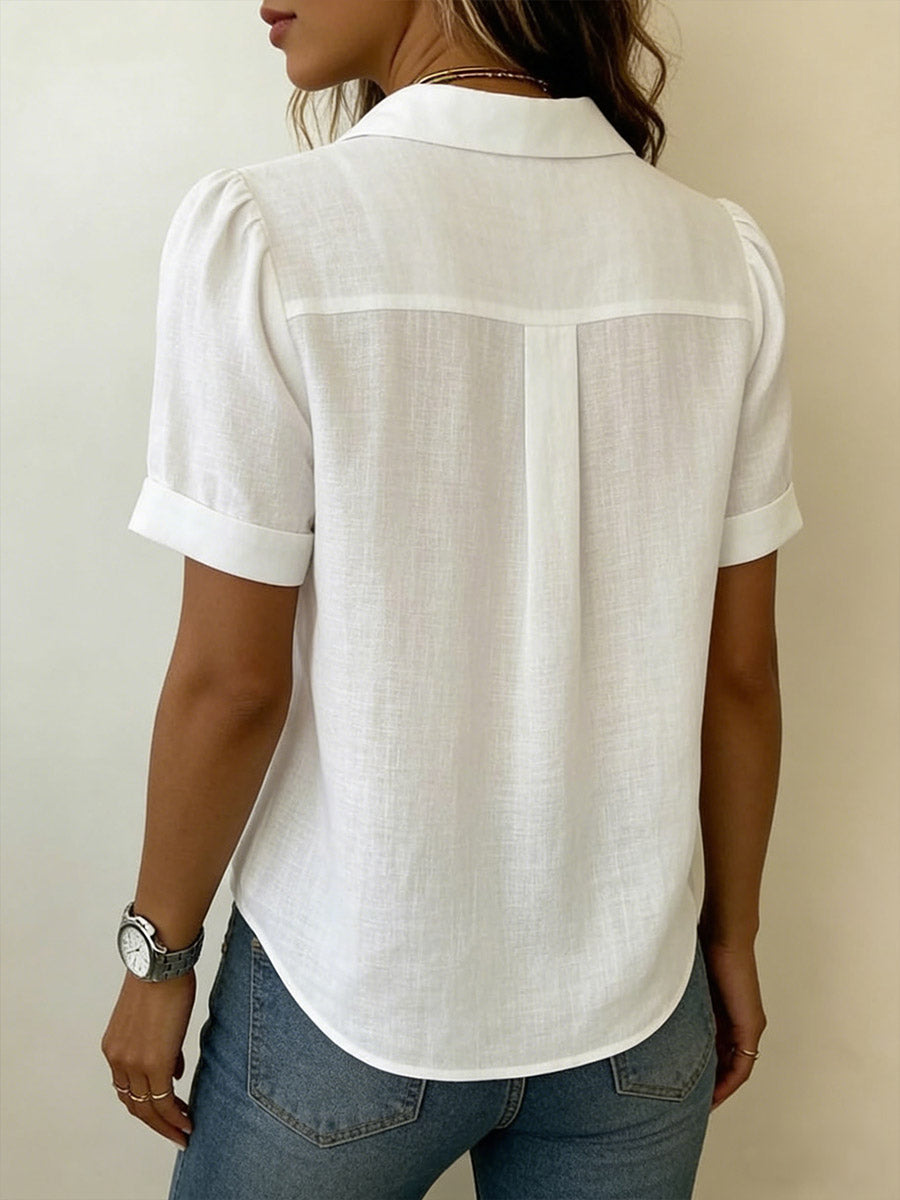 Chemise femme en coton et lin à manches courtes – Coupe ample plissée chic