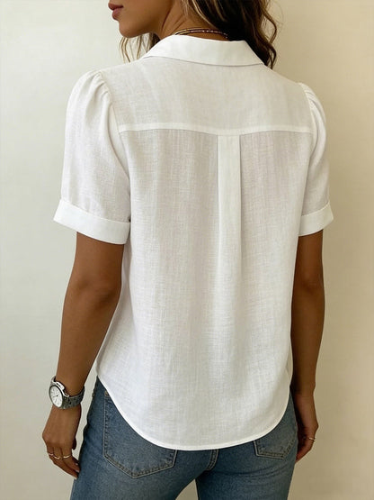 Chemise femme en coton et lin à manches courtes – Coupe ample plissée chic