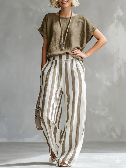 Ensemble femme rayé en coton et lin – Coupe ample décontractée