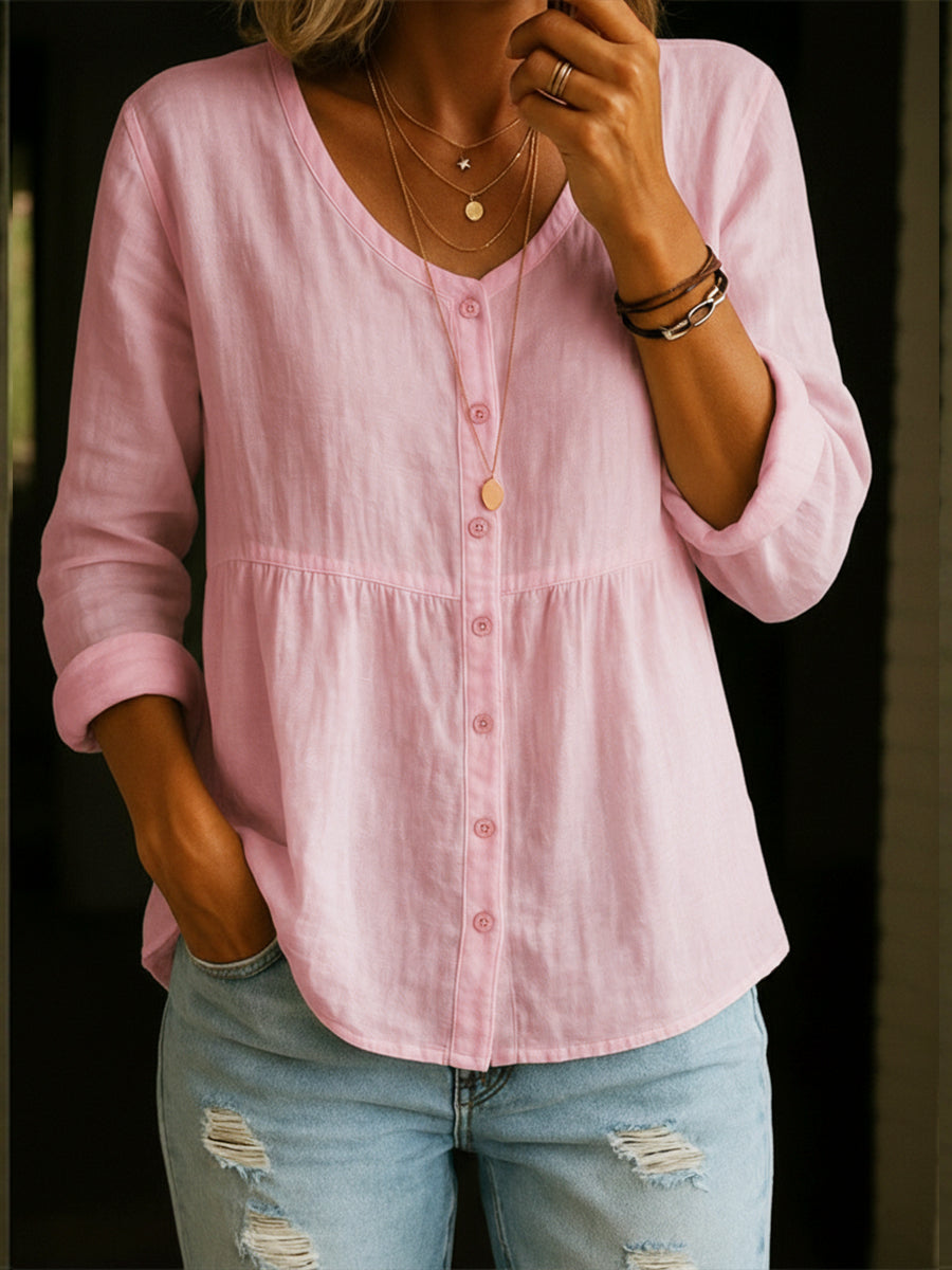 Chemise en mélange de lin et de coton pour femmes – Blouse décontractée ample à manches 3/4 et col rond