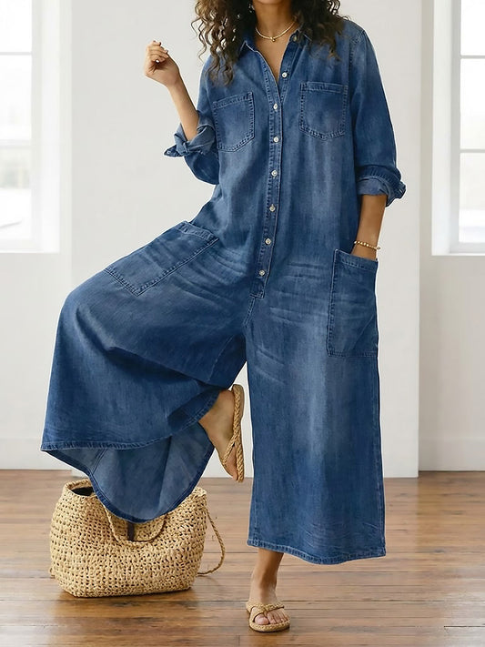 Women's Dark Washed Denim Jumpsuit – Casual Utility Style with Buttons