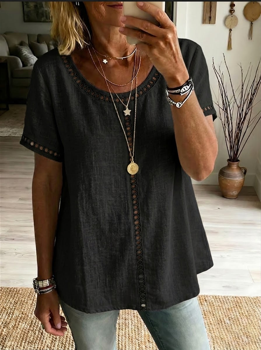 Haut femme patchwork en coton et lin – Maille ajourée décontractée chic