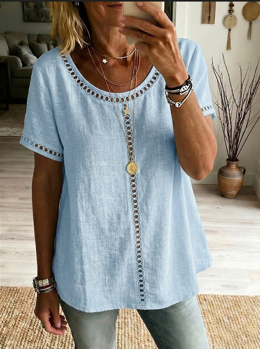 Haut femme patchwork en coton et lin – Maille ajourée décontractée chic