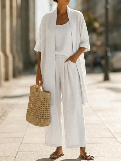 Ensemble trois pièces minimaliste en lin et coton – tenue confortable au quotidien