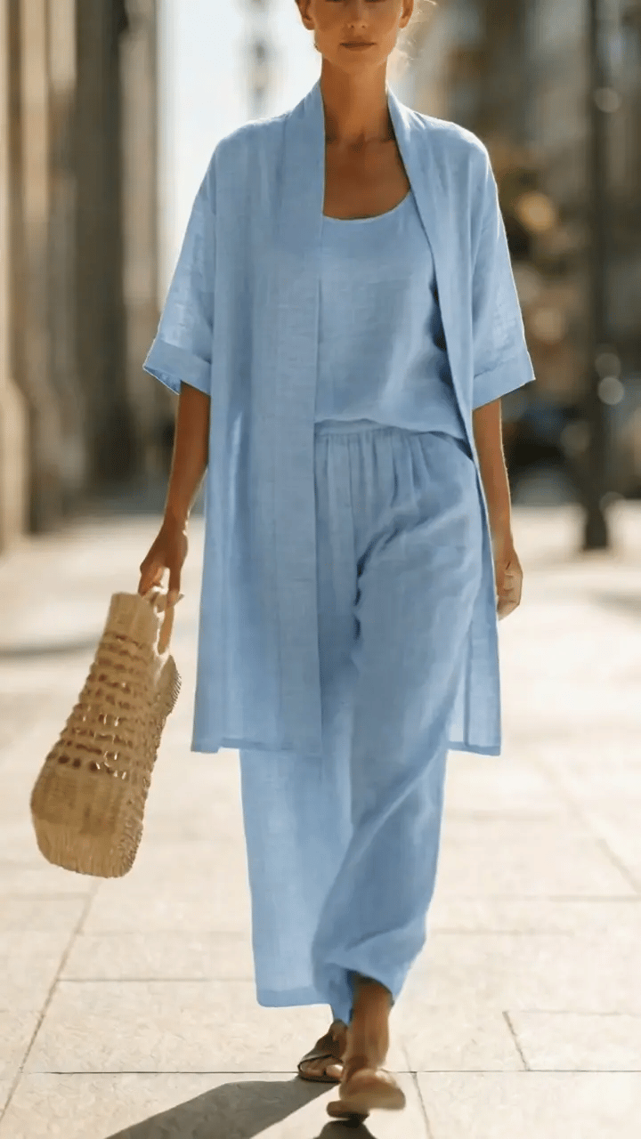 Ensemble trois pièces minimaliste en lin et coton – tenue confortable au quotidien
