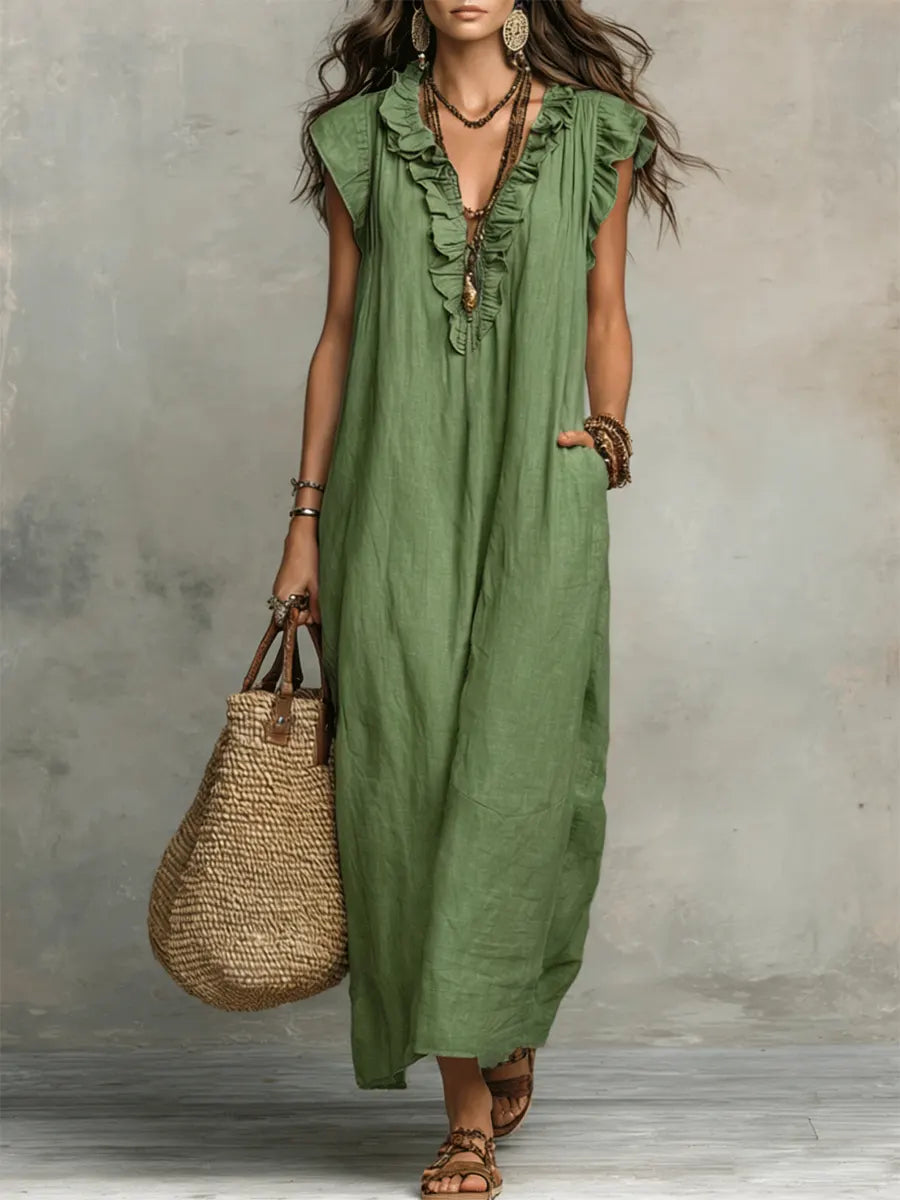 Robe femme unie à volants – Style artistique décontracté en coton et lin