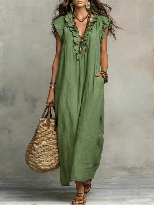 Robe femme unie à volants – Style artistique décontracté en coton et lin