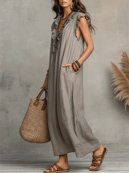 Robe femme unie à volants – Style artistique décontracté en coton et lin