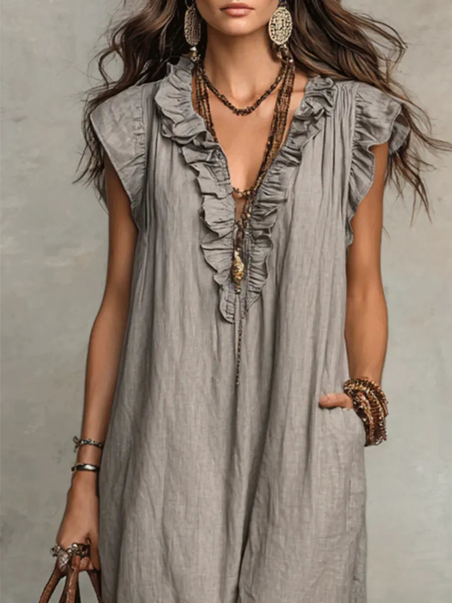 Robe femme unie à volants – Style artistique décontracté en coton et lin