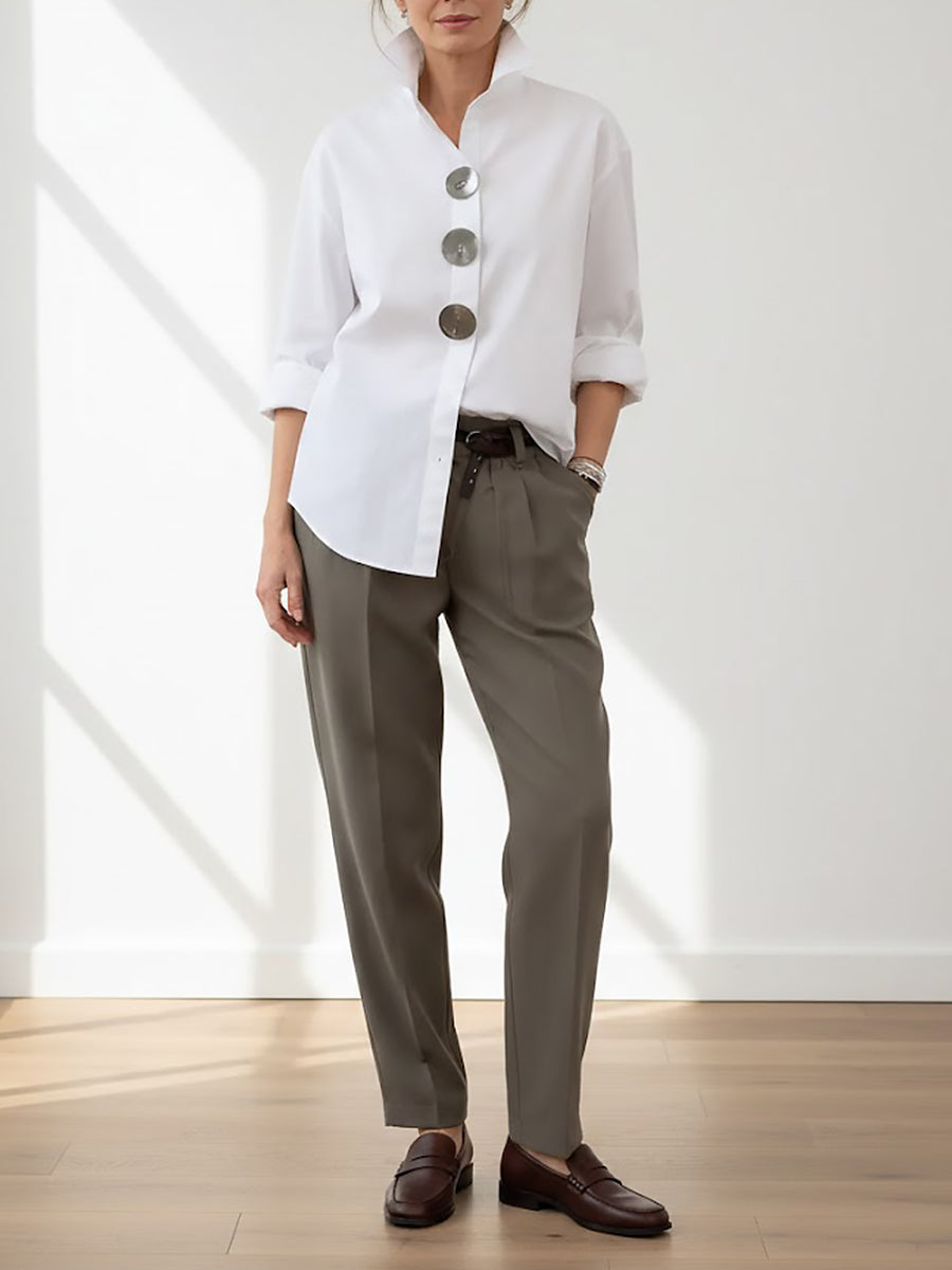 Blouse Femme Coton Lin – Col Montant Élégant Style Décontracté