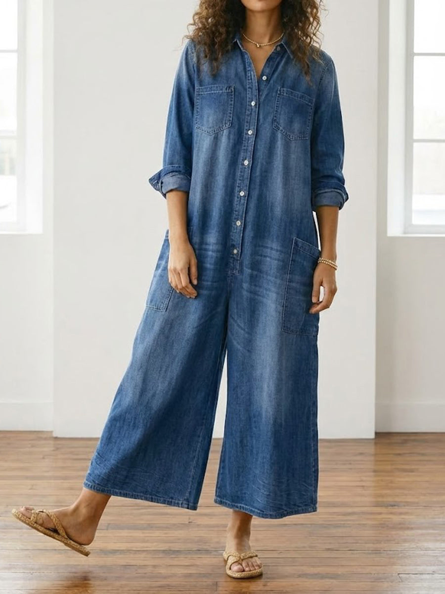 Combinaison Femme en Denim Foncé Délavé – Style Utility Décontracté à Boutons