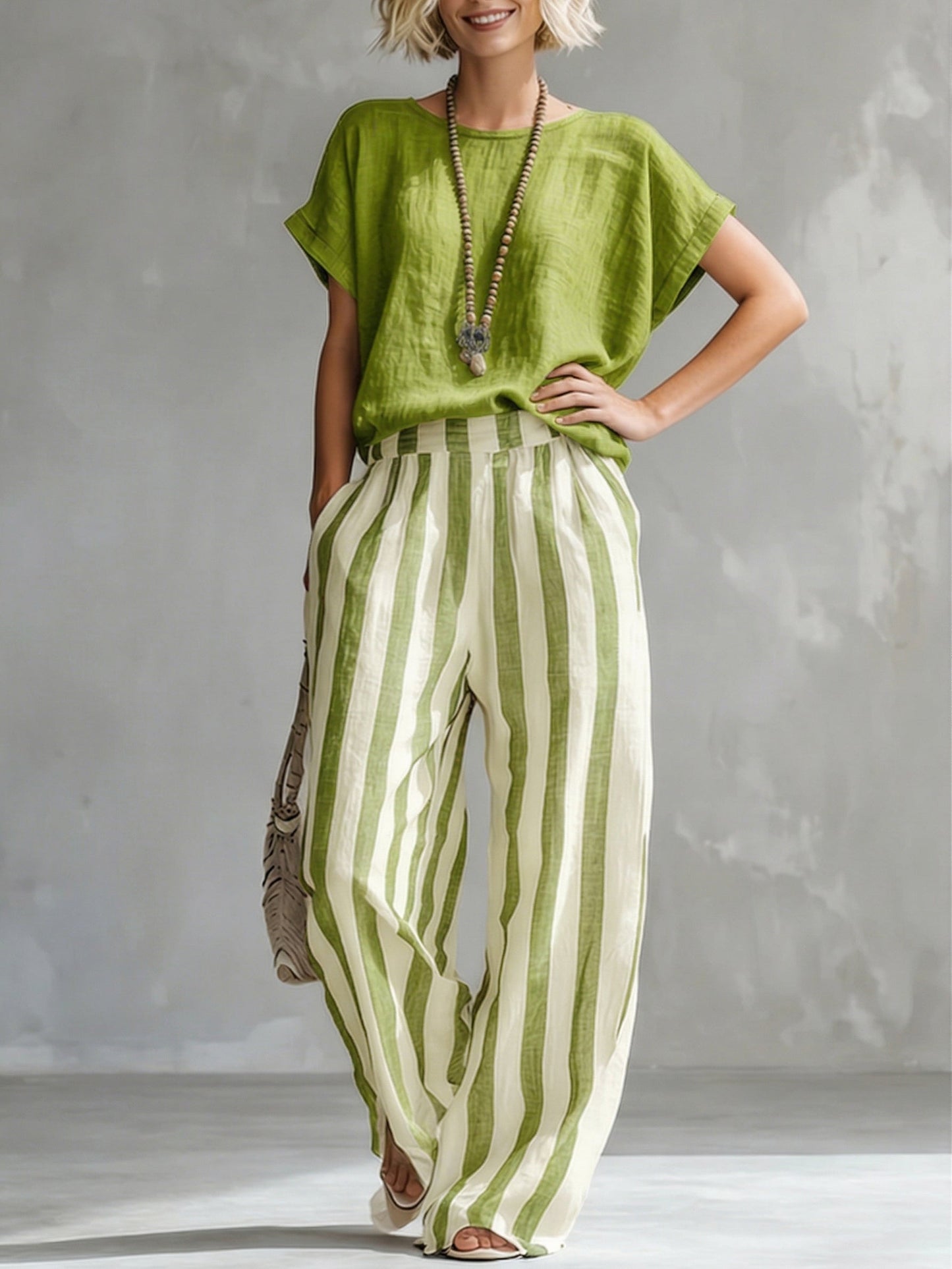 Ensemble femme rayé en coton et lin – Coupe ample décontractée