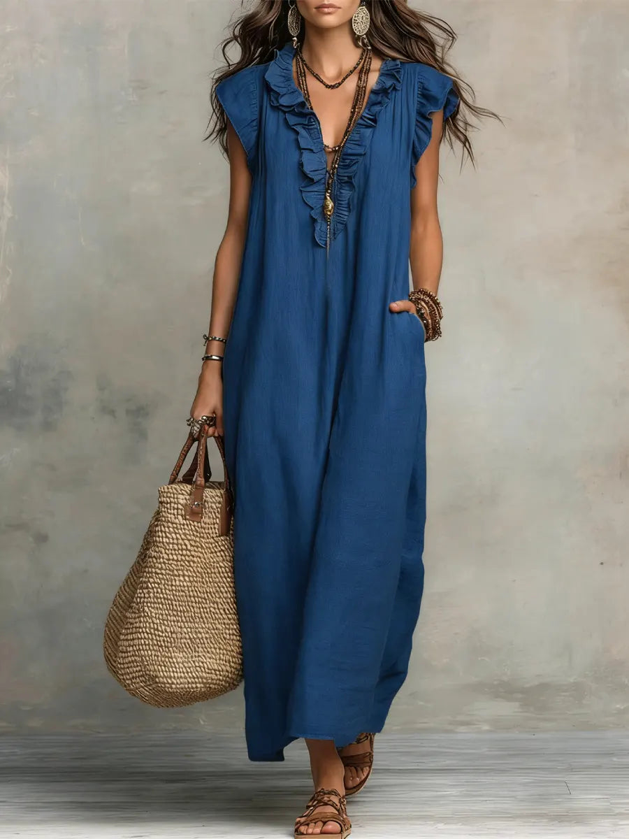 Robe femme unie à volants – Style artistique décontracté en coton et lin