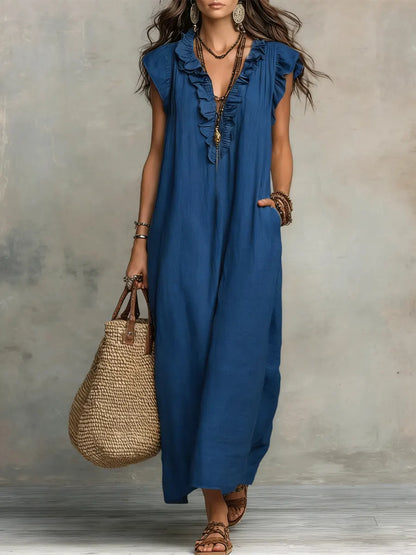 Robe femme unie à volants – Style artistique décontracté en coton et lin