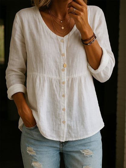 Chemise en mélange de lin et de coton pour femmes – Blouse décontractée ample à manches 3/4 et col rond