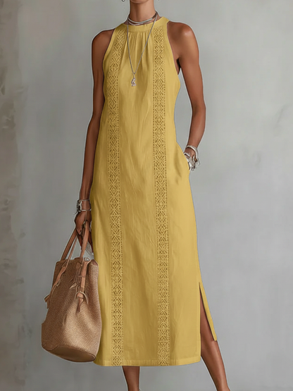 Robe midi d’été femme à col mao – Robe fluide légère et naturelle