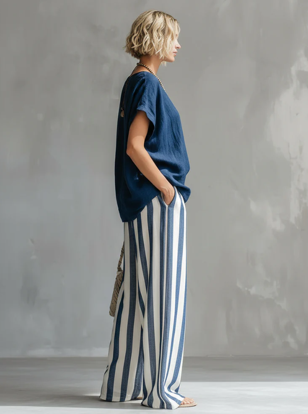 Ensemble femme rayé en coton et lin – Coupe ample décontractée