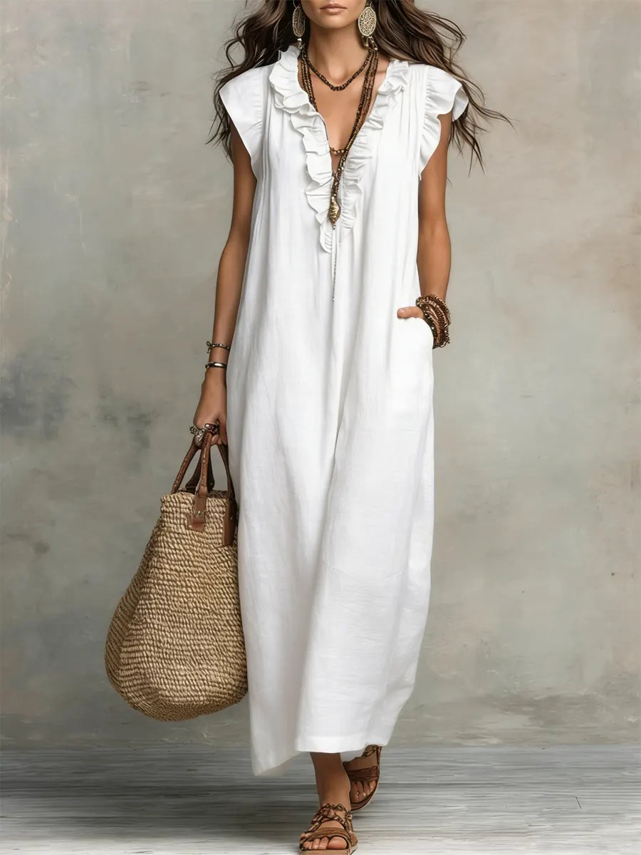 Robe femme unie à volants – Style artistique décontracté en coton et lin
