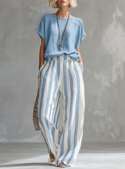 Ensemble femme rayé en coton et lin – Coupe ample décontractée