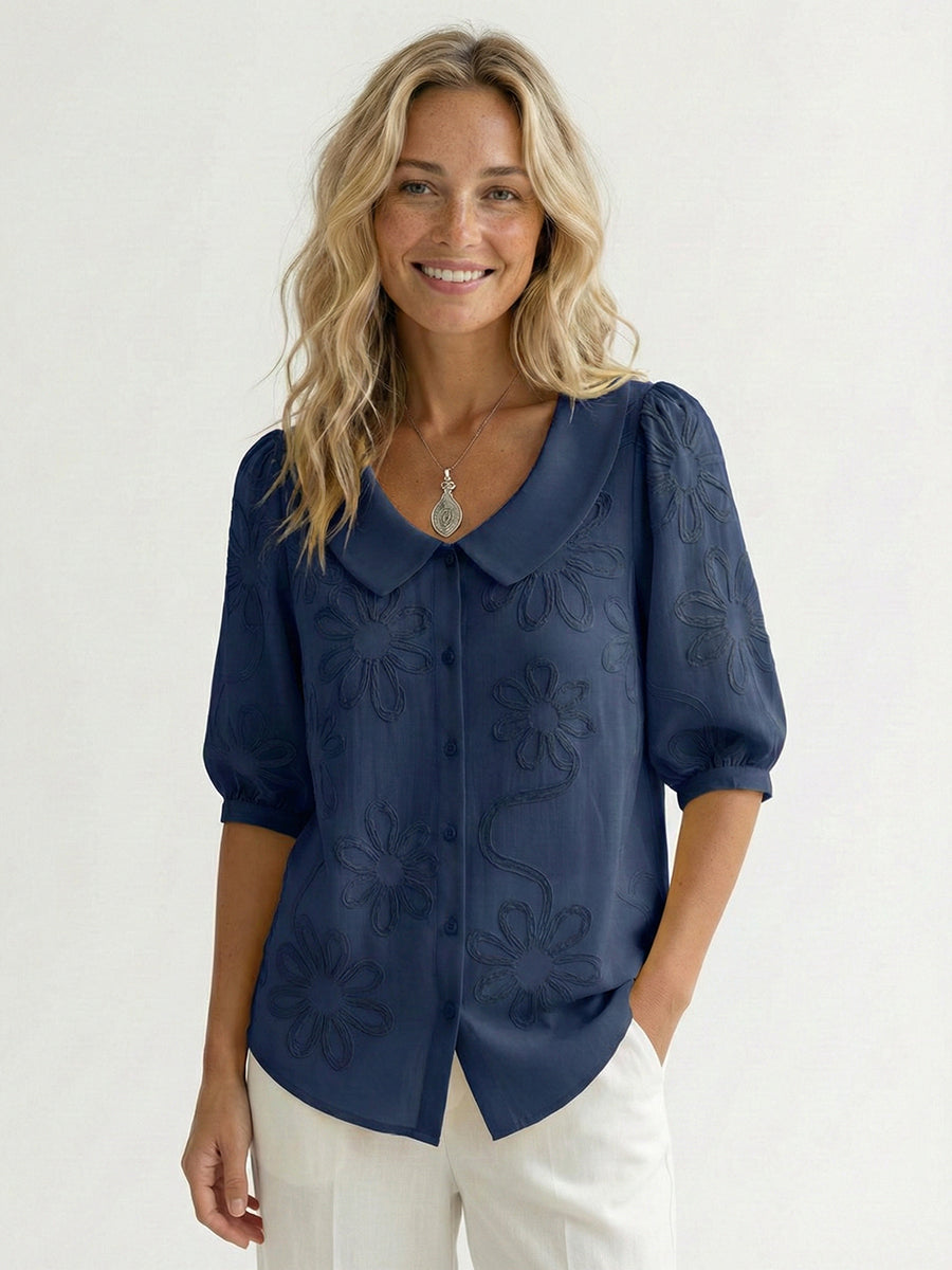 Chemise Femme Vintage Col Claudine – Broderie Florale Style Décontracté Élégant