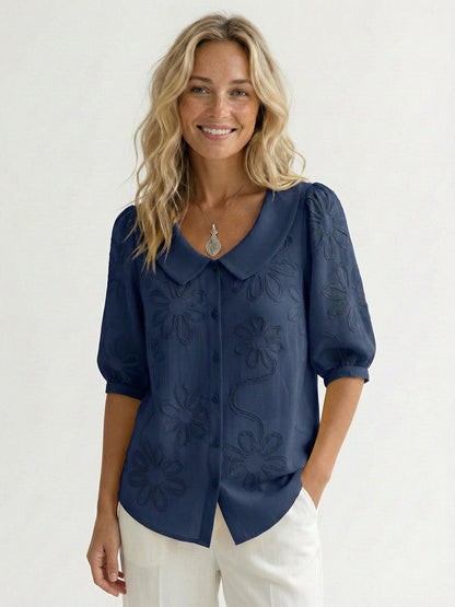 Chemise Femme Vintage Col Claudine – Broderie Florale Style Décontracté Élégant