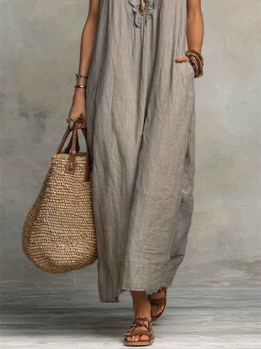 Robe femme unie à volants – Style artistique décontracté en coton et lin